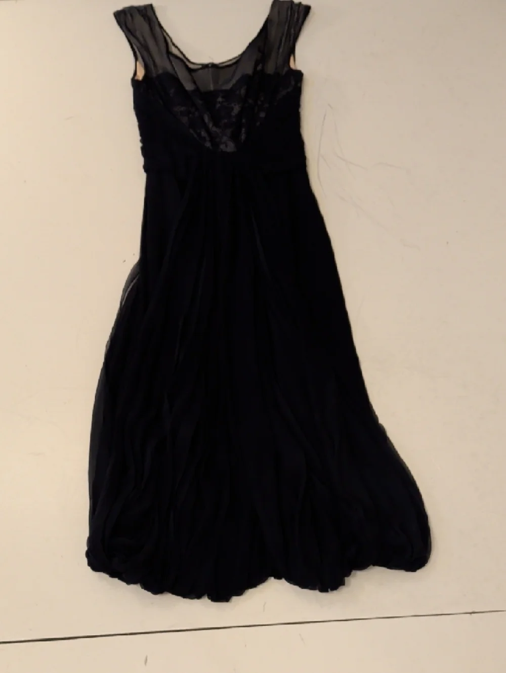 40s 50s Elegant Navy Sheer Lace Yoke Chiffon Drapef Bubble Hem Cocktail Dress - Picture 14 of 16